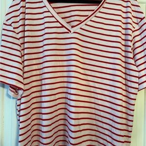 SHEIN Red and White Striped V-Neck Tee